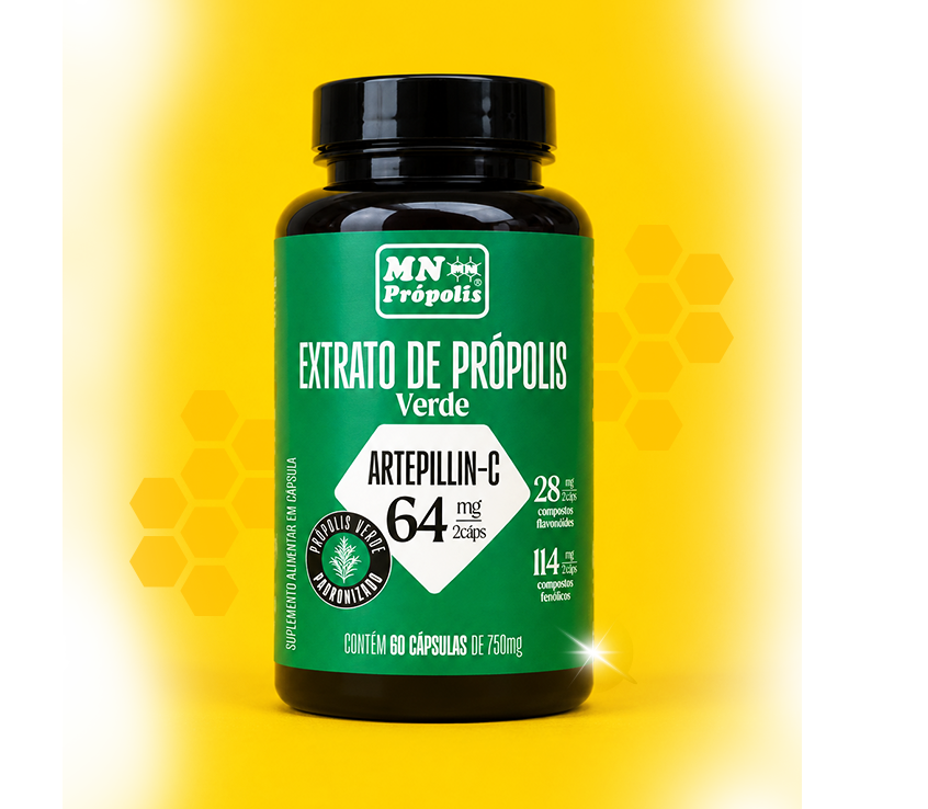 Frasco do Extrato de Própolis Verde Artepillin-E 64 mg